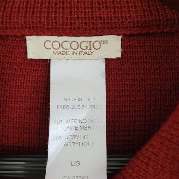 Red Sweater COCOGIO made in Italy - Large button up 50% Merino wool/ Acrylic - Picture 6 of 16